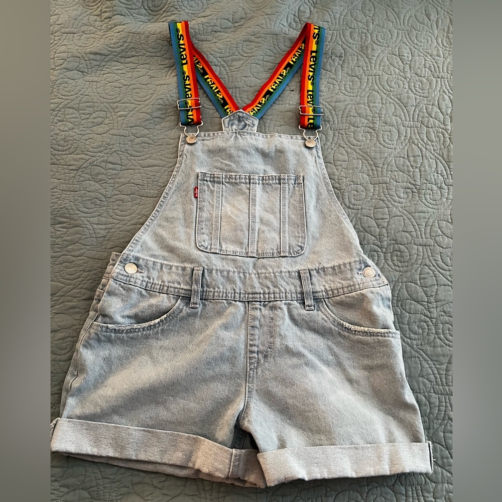 Girls Levi's Light Blue Denim Shortall Size 16 Rainbow Straps Dress/Overalls